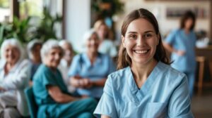 Nurse reviewing a resident’s medication list and appointment notes at a table in an assisted living room.
